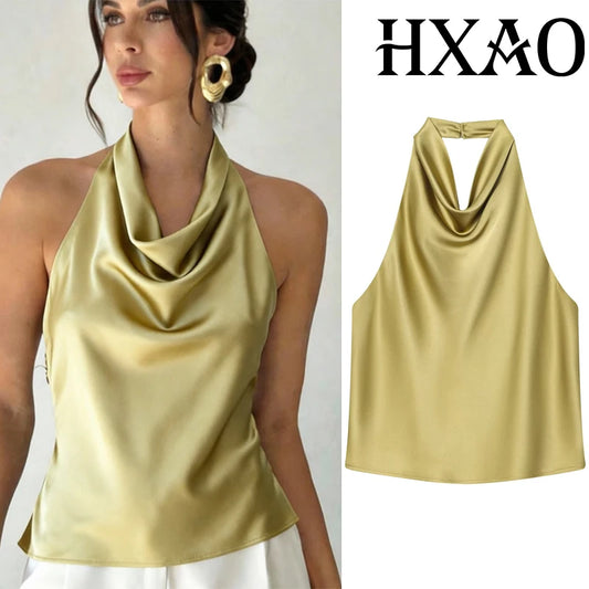 HXAO Halter Neck Women's Top Off Shoulder Satin Crop Top Women Summer