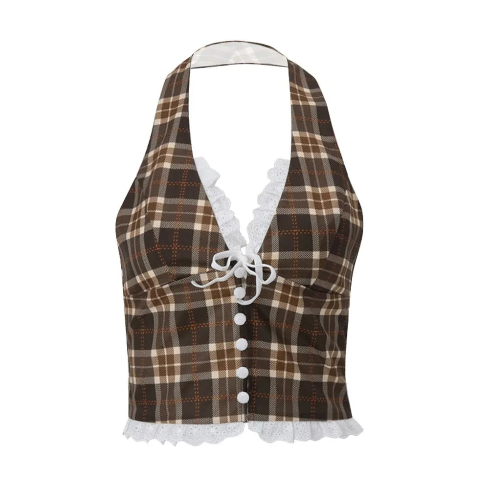 Women's Halterneck Plaid Print Crop Top V-neck Backless Lace Slim Tank