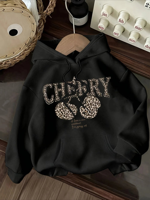 Leopard Print Cherry Letter Printed Women's Autumn Winter Round Neck