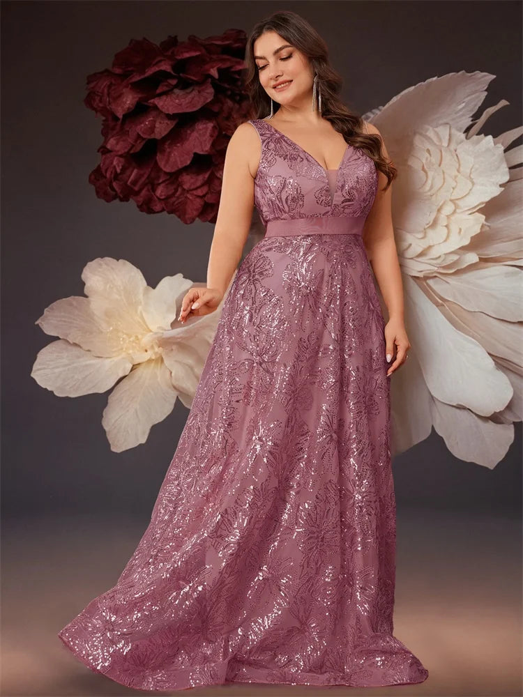 Plus Size Luxury Deep V-Neck Sequins Blue Evening Dress Women Elegant