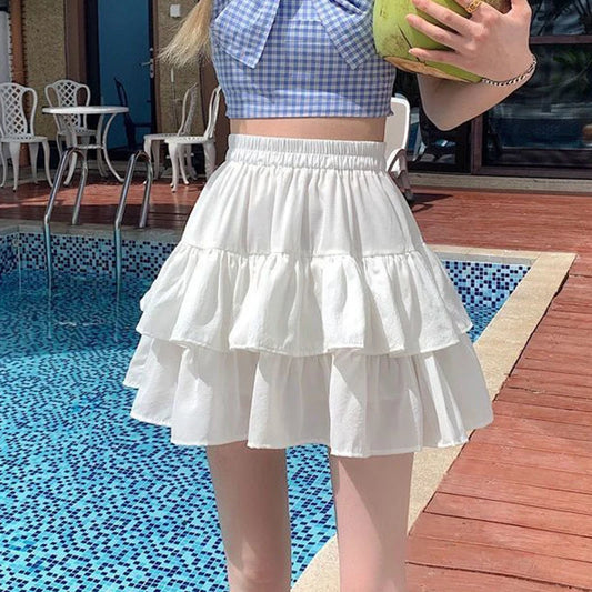 Pleated A-Line Skirt Women White Ruffle Sweet Tierred Pretty Style