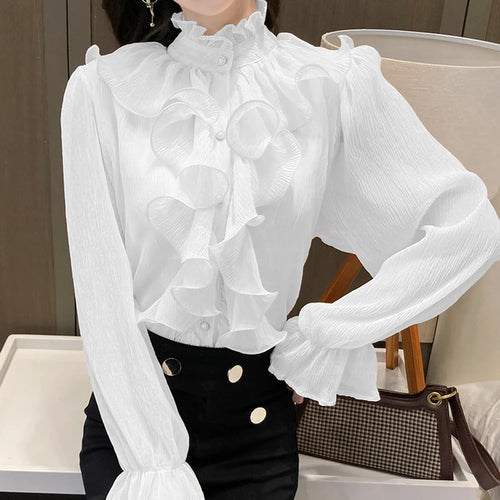 NEW High Quality Vintage Ruffles Clothes Lace Blouse Women Spring