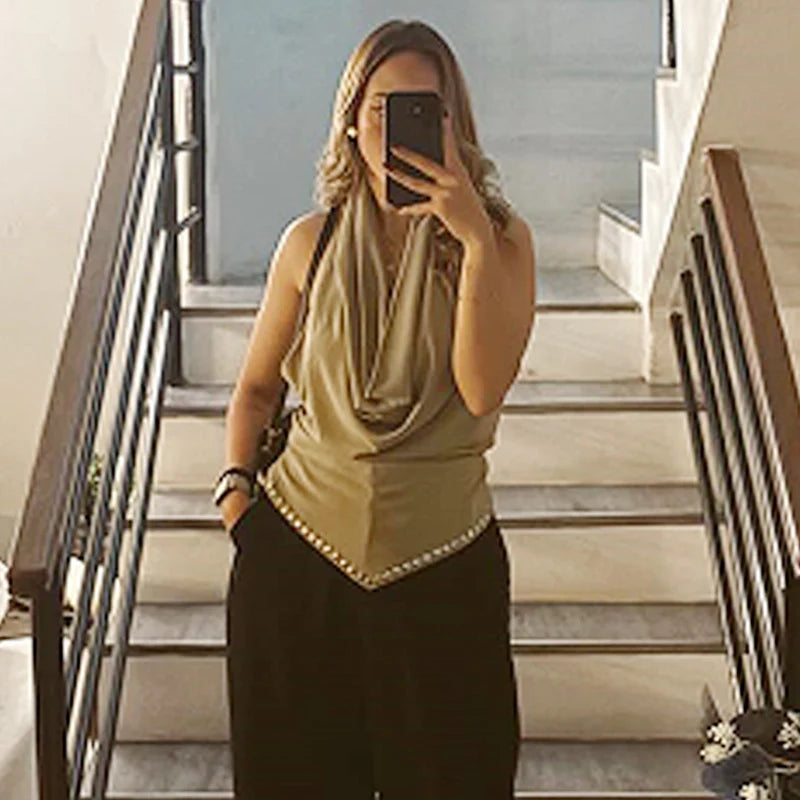 HXAO 2025 Rivet Halter Neck Tops For Woman Autumn Sexy Crop Ruffled