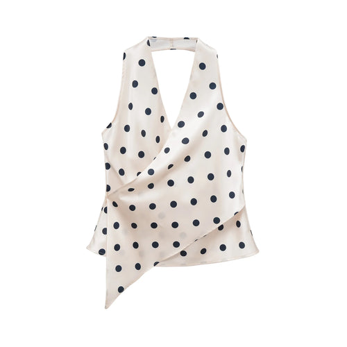 HH Women Elegant Satin Halter Tops White Polka Dot V Neck Sexy