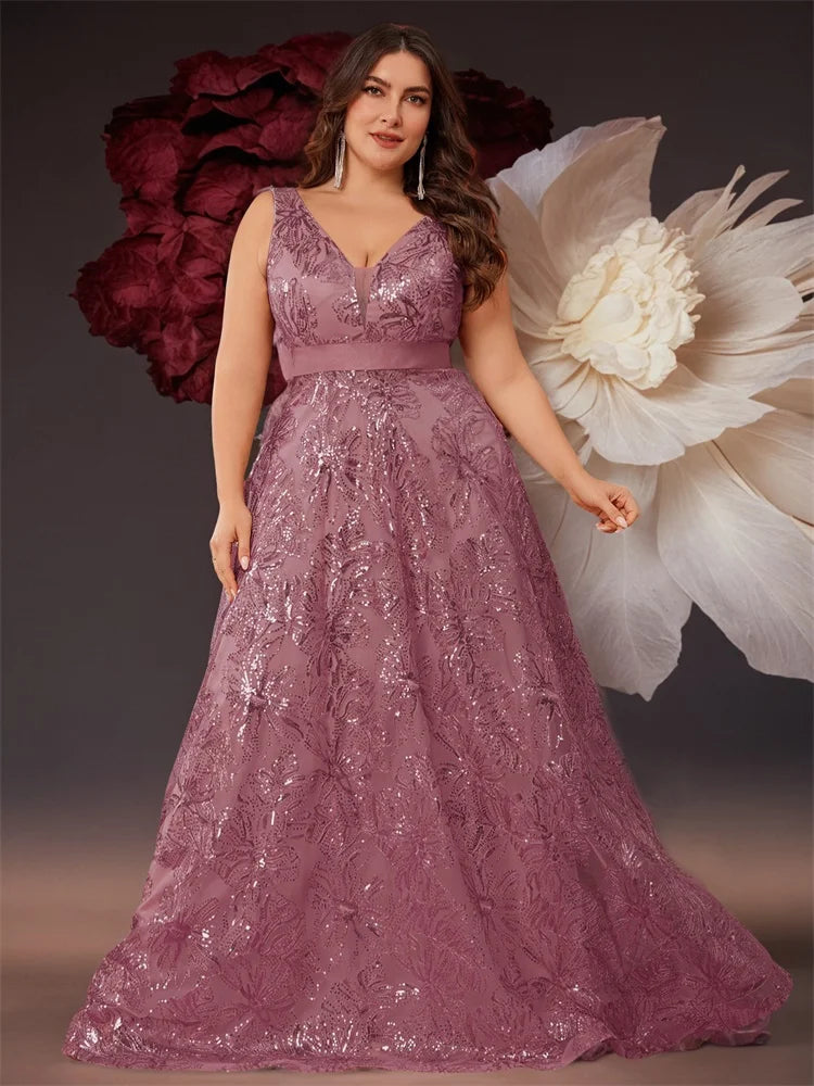 Plus Size Luxury Deep V-Neck Sequins Blue Evening Dress Women Elegant