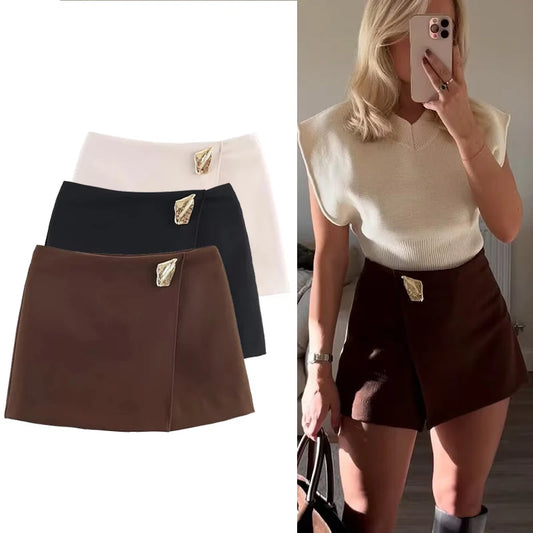 Asymmetry High Waist Mini Skirt Women Fashion Metal Decoration Elegant