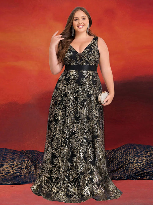 Plus Size Luxury Deep V-Neck Sequins Blue Evening Dress Women Elegant