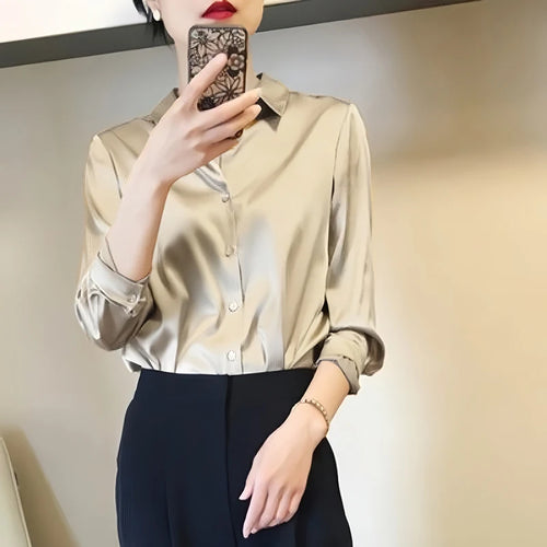 French Elegant Women Satin Glossy Shirt Summer Solid Loose Long Sleeve