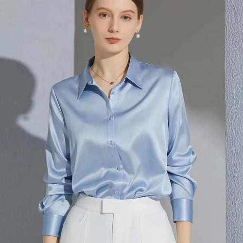French Elegant Women Satin Glossy Shirt Summer Solid Loose Long Sleeve