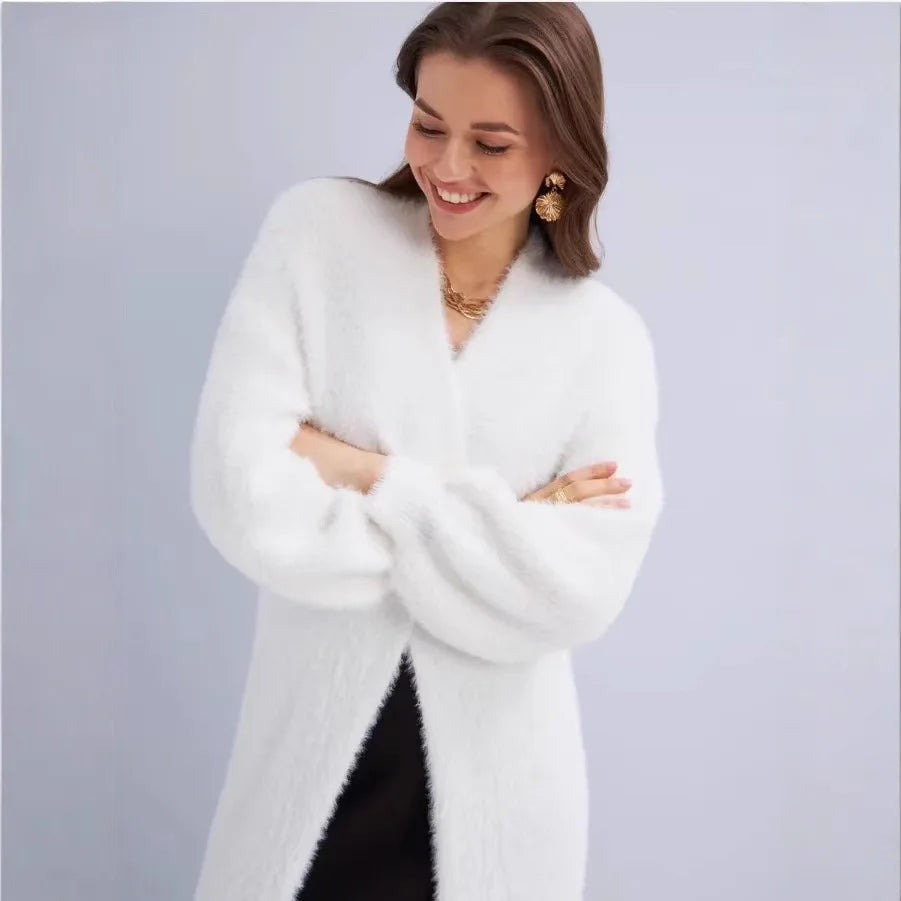Autumn and winter loose and lazy style open knit coat, thick knee