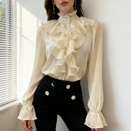 NEW High Quality Vintage Ruffles Clothes Lace Blouse Women Spring