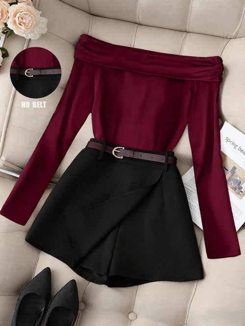 Women's Burgundy Off-Shoulder Long Sleeve Top & Black Skort Set,