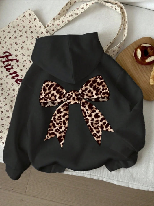 Women Street 2025 Winter Autumn Sweatshirt  Leopard Print Bow Printed