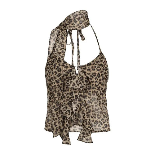 Leopard Fashion Lace Up Halter Tank Top for Women Irregular Ruffled