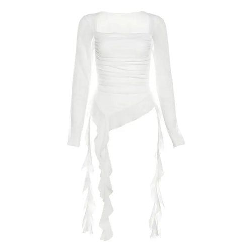 Ruffle Long Sleeve Sexy T-Shirts Fashion Women Y2K Irregular