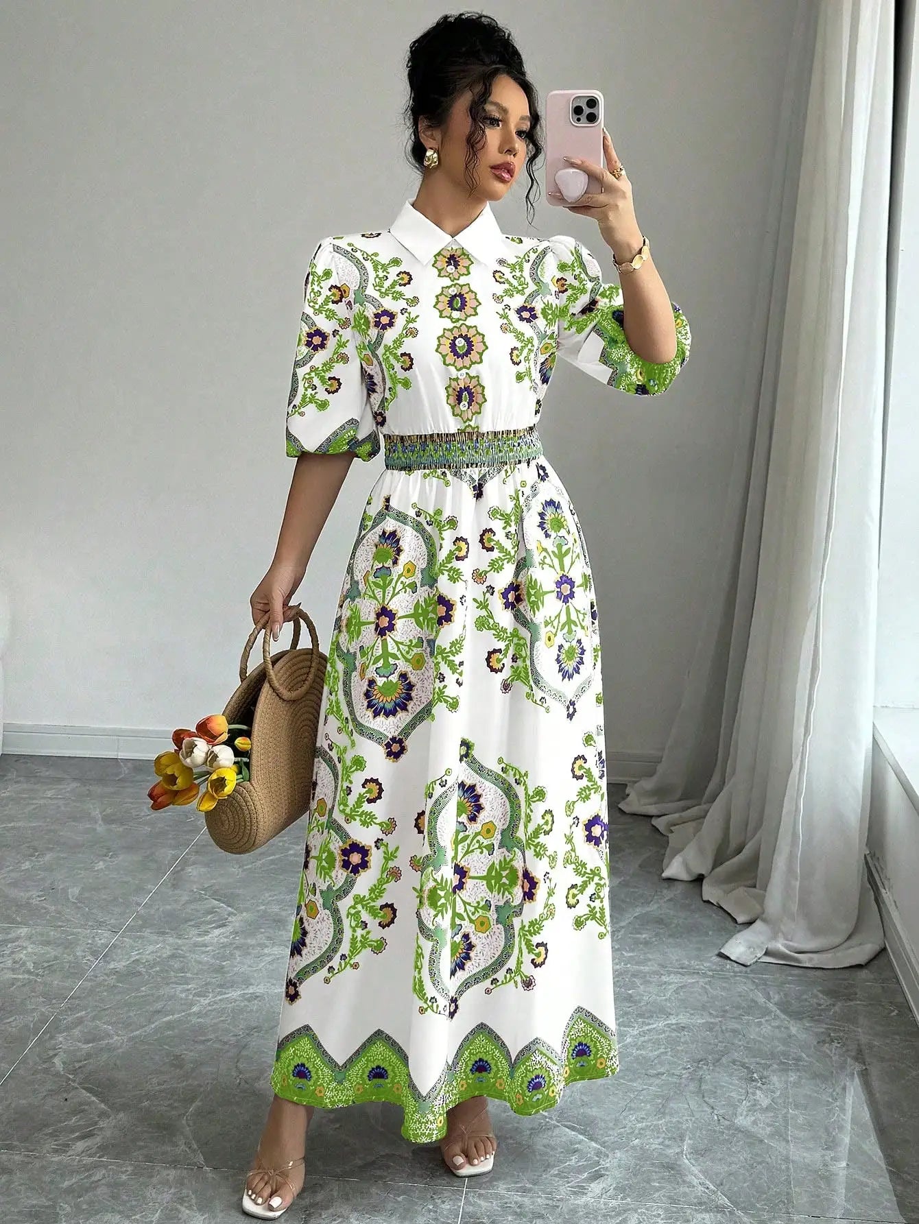 Vintage Floral Totem Print Women's Shirt Dress Elegant Turn Down
