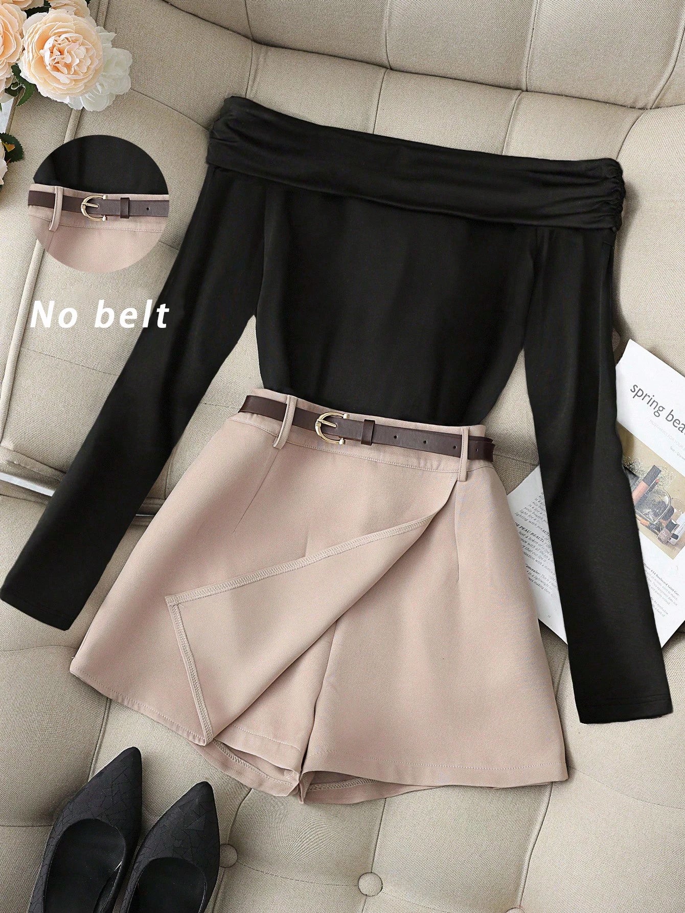 Women's Burgundy Off-Shoulder Long Sleeve Top & Black Skort Set,