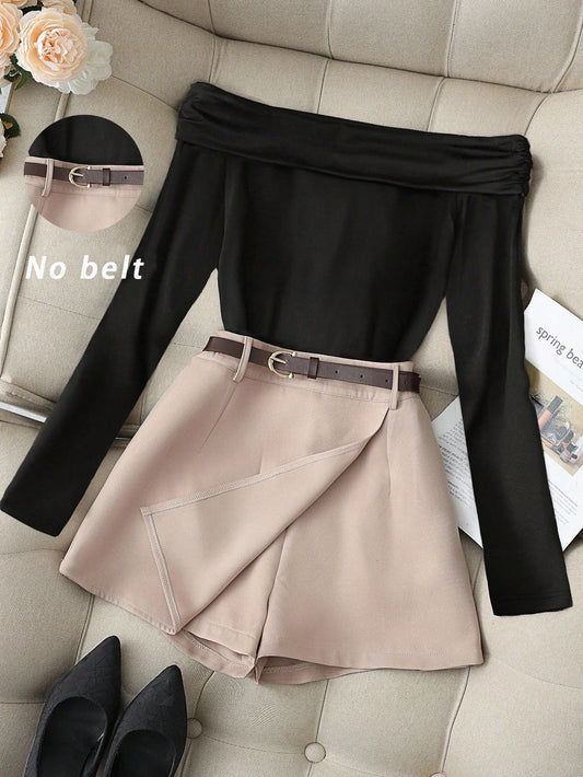 Women's Burgundy Off-Shoulder Long Sleeve Top & Black Skort Set,