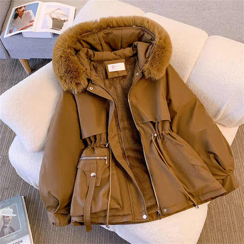 Women Autumn Winter Fashion Coats Korean Hooded Drawstring Padded