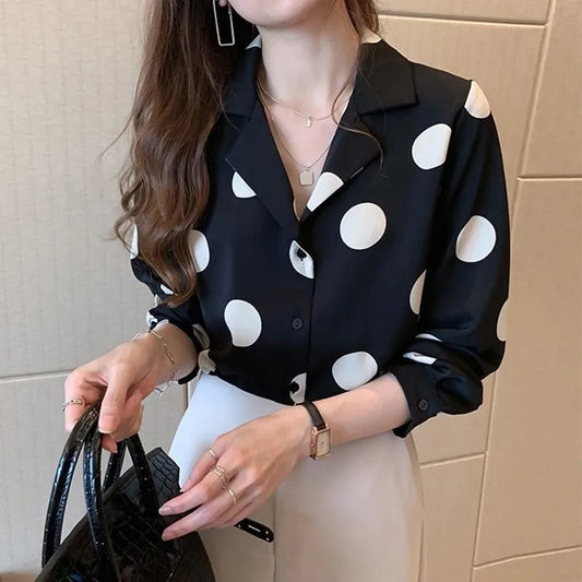 Polka Dot Women's Shirt Elegant Lapel Button-up Blouse Long Sleeve
