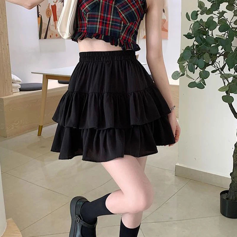 Pleated A-Line Skirt Women White Ruffle Sweet Tierred Pretty Style