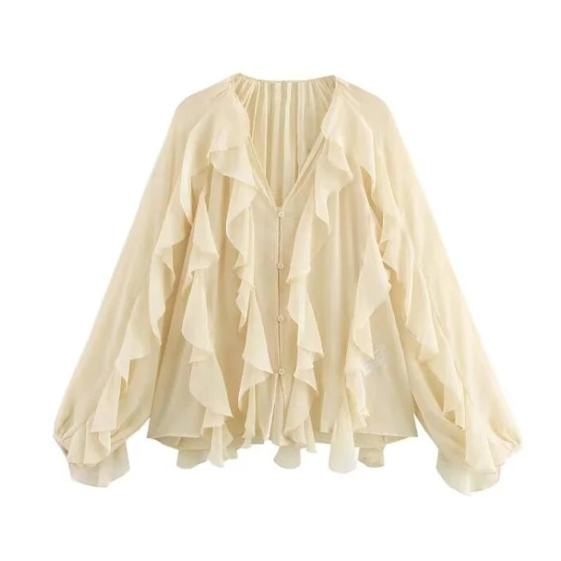 MUJER Ruffle Womens Blouses Semi Sheer Casual Blouses Woman Spring