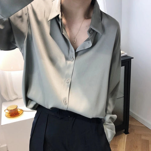 French Elegant Women Satin Glossy Shirt Summer Solid Loose Long Sleeve
