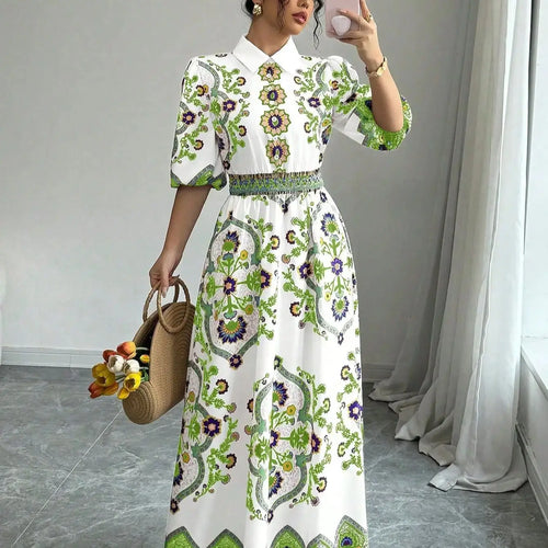 Vintage Floral Totem Print Women's Shirt Dress Elegant Turn Down