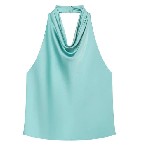HXAO Halter Neck Women's Top Off Shoulder Satin Crop Top Women Summer