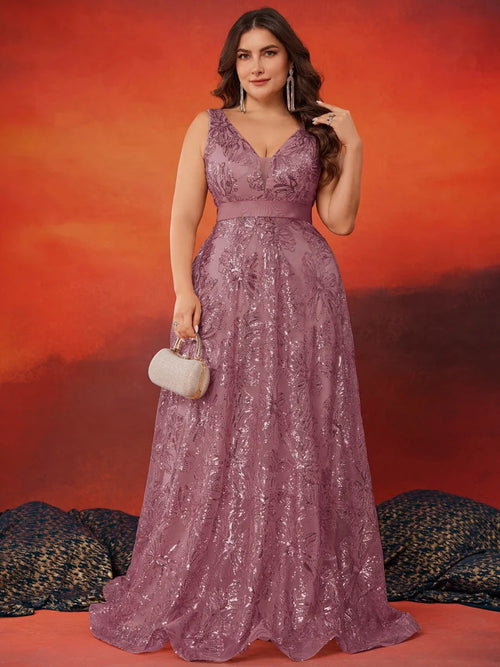 Plus Size Luxury Deep V-Neck Sequins Blue Evening Dress Women Elegant