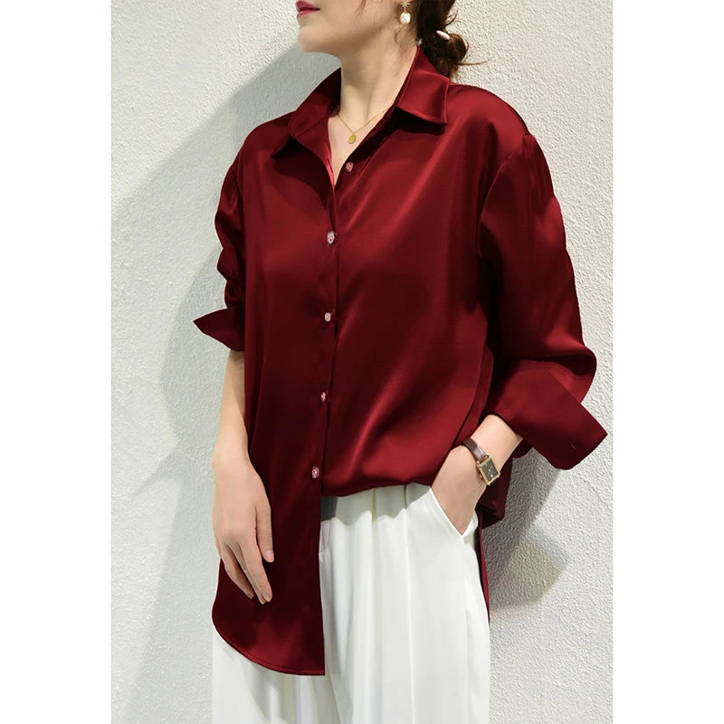French Elegant Women Satin Glossy Shirt Summer Solid Loose Long Sleeve
