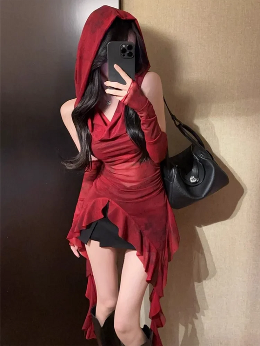 Red Mesh See Through Top Streetwear Hooded T-shirt Irregular Ruffle