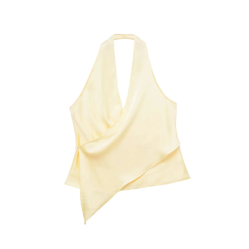 HH Women Elegant Satin Halter Tops White Polka Dot V Neck Sexy