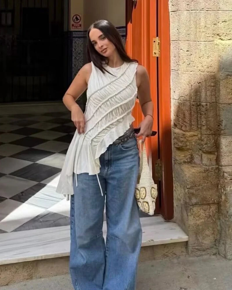 Women's Top 2026 New Fashion Spring Summer Asymmetrical Ruffle Top