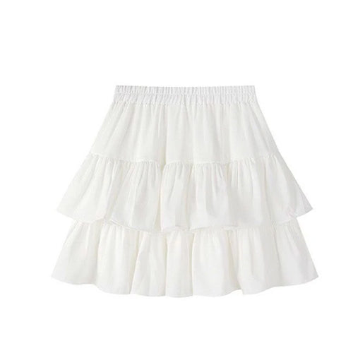 Pleated A-Line Skirt Women White Ruffle Sweet Tierred Pretty Style