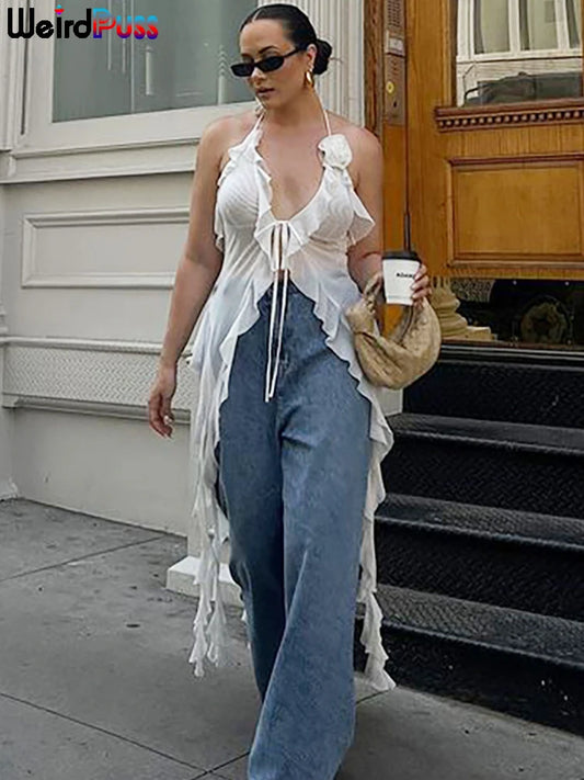 Ruffles Mesh Tank Tops