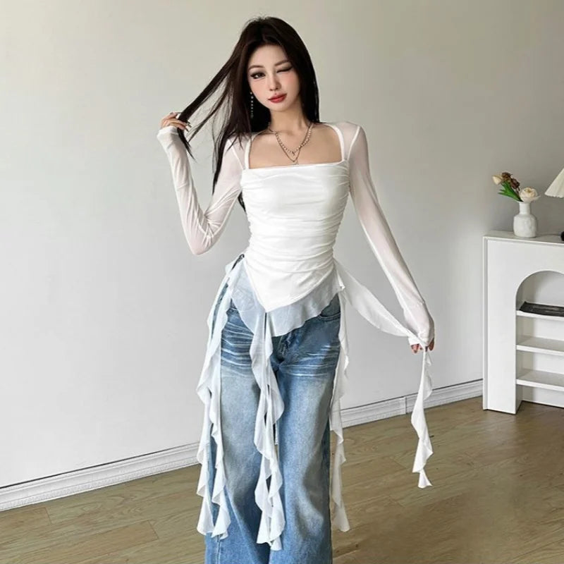 Ruffle Long Sleeve Sexy T-Shirts Fashion Women Y2K Irregular