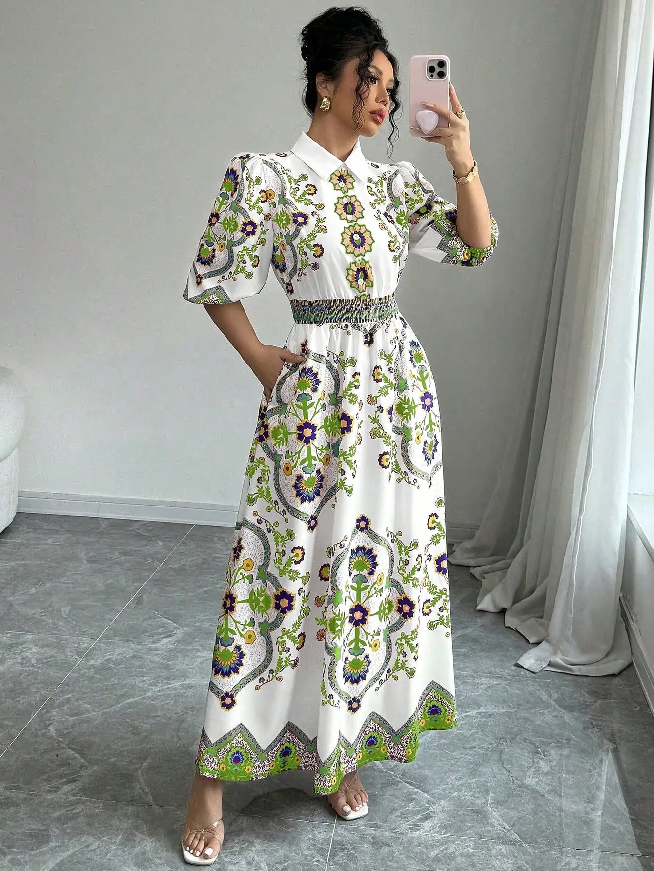 Vintage Floral Totem Print Women's Shirt Dress Elegant Turn Down