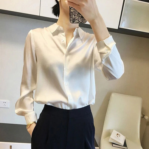 French Elegant Women Satin Glossy Shirt Summer Solid Loose Long Sleeve