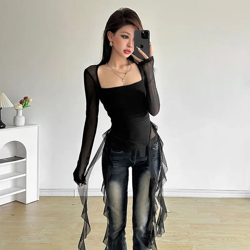 Ruffle Long Sleeve Sexy T-Shirts Fashion Women Y2K Irregular