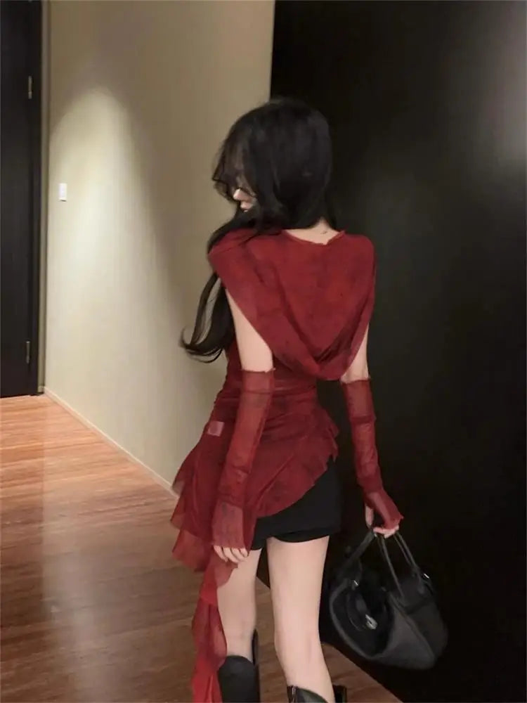 Red Mesh See Through Top Streetwear Hooded T-shirt Irregular Ruffle