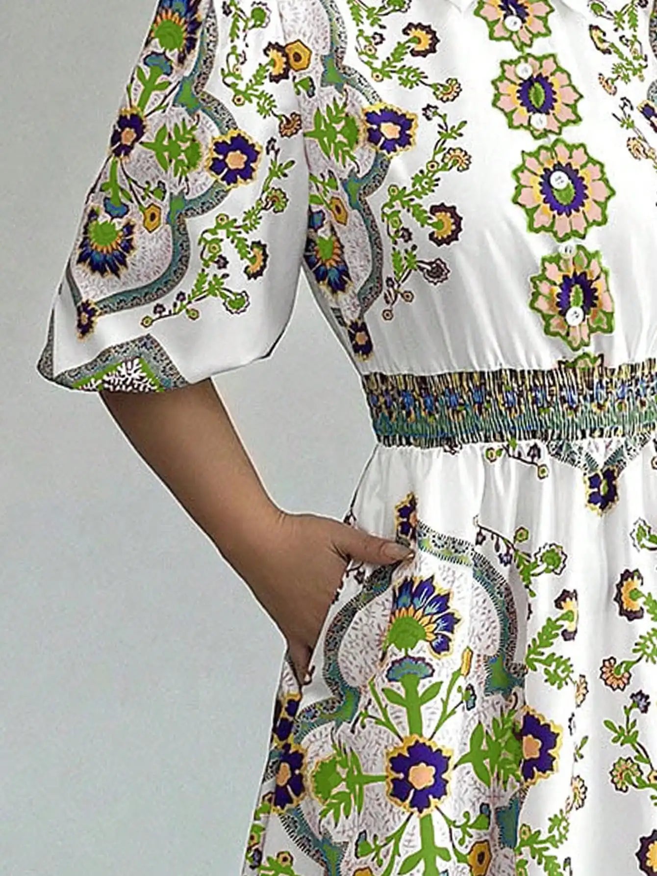 Vintage Floral Totem Print Women's Shirt Dress Elegant Turn Down