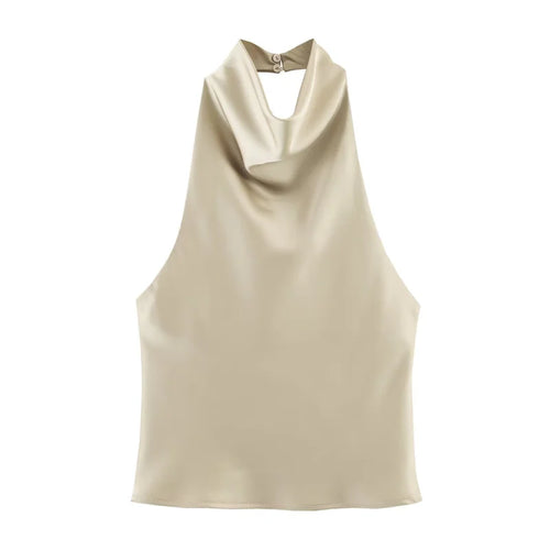 ETJ Women's 2026 Spring Cowl Neck Sleeveless Top Satin Backless Halter