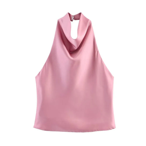 ETJ Women's 2026 Spring Cowl Neck Sleeveless Top Satin Backless Halter