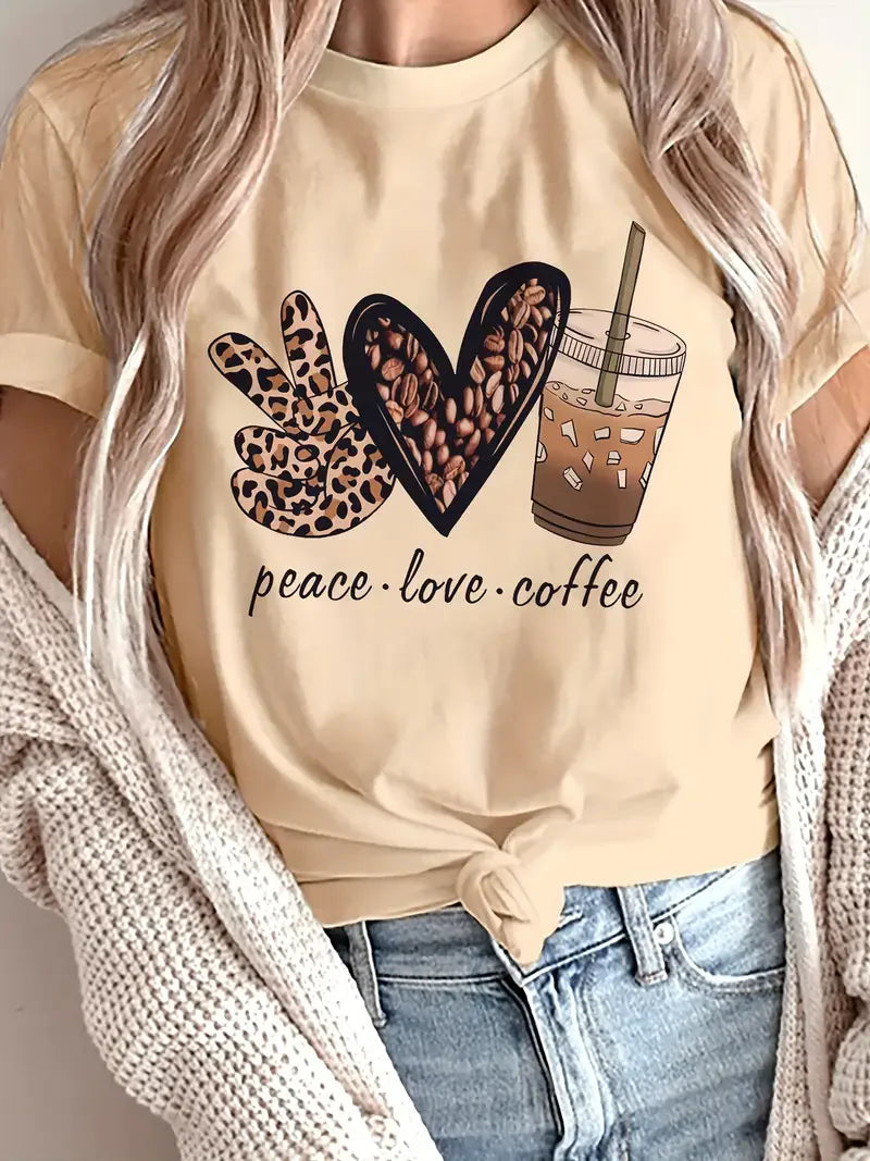 Women's Casual Short Sleeve T-Shirt Peace Love Coffee Graphic Print