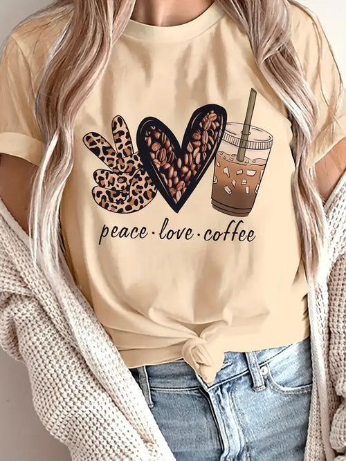Women's Casual Short Sleeve T-Shirt Peace Love Coffee Graphic Print