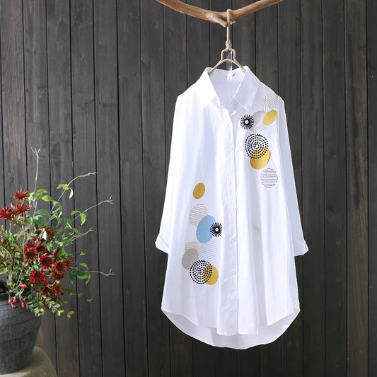 Women Embroidery Loose Long White Shirts 2024 Spring Autumn New Casual