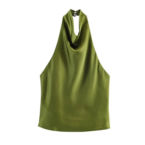 ETJ Women's 2026 Spring Cowl Neck Sleeveless Top Satin Backless Halter