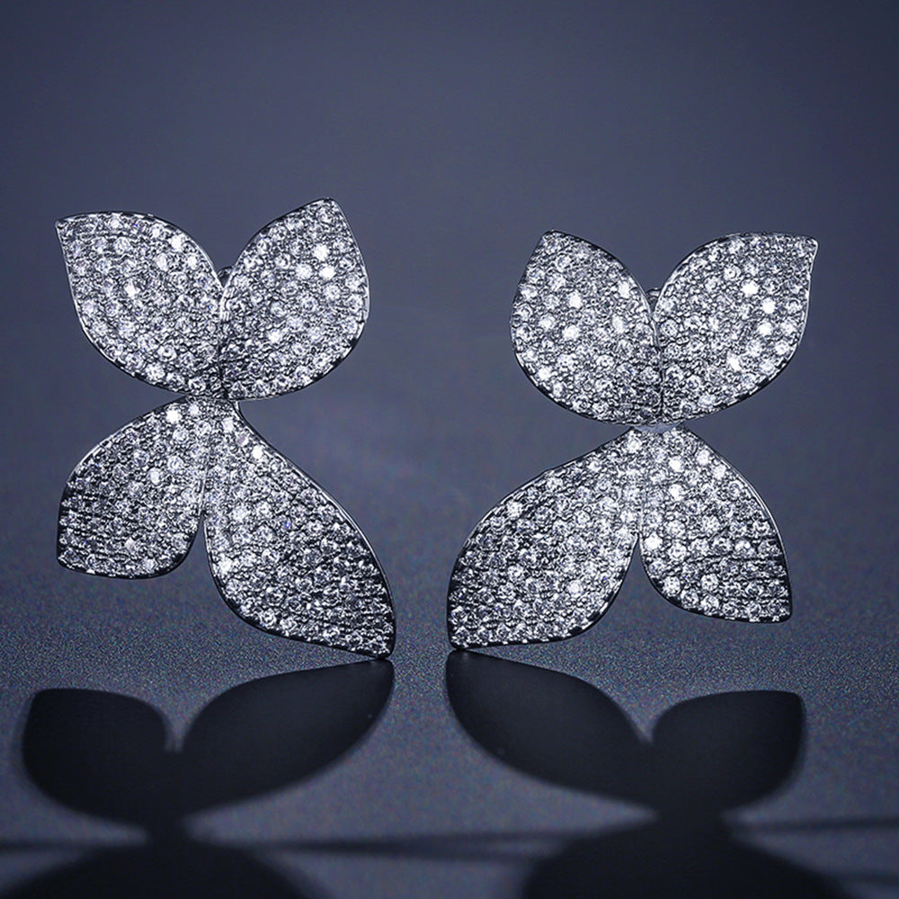 Clover Flower Stud Earrings with Rhinestones