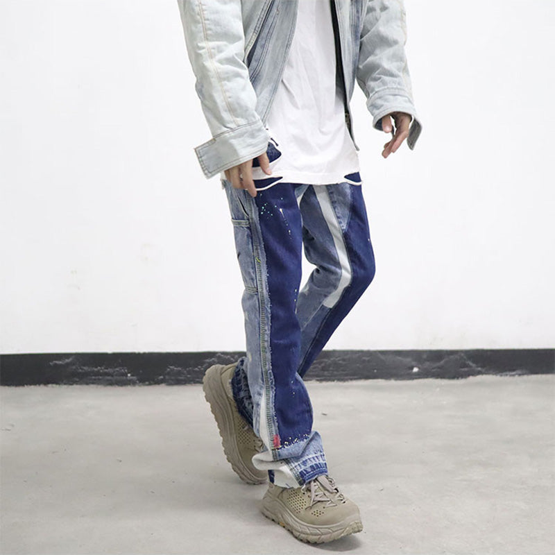 Vintage Distressed Splash Ink Flare Jeans for Men
